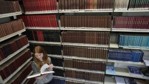 A woman in a library